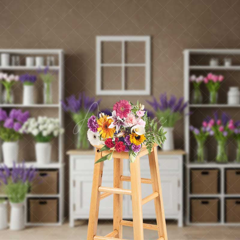 Aperturee Aperturee Rustic Farmhouse Shelf Backdrop White Cabinet with Lavender and Tulips Country Spring Photography Studio Prop