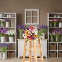 Aperturee Aperturee Rustic Farmhouse Shelf Backdrop White Cabinet with Lavender and Tulips Country Spring Photography Studio Prop