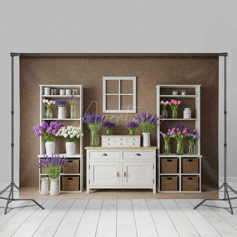 Aperturee Aperturee Rustic Farmhouse Shelf Backdrop White Cabinet with Lavender and Tulips Country Spring Photography Studio Prop