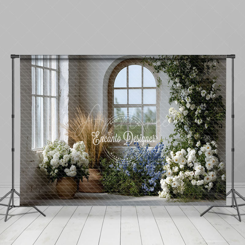 Aperturee - Aperturee Rustic Farmhouse Window Photography Backdrop White and Blue Floral Decor Spring Wedding Photo Background