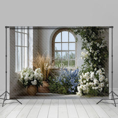 Aperturee - Aperturee Rustic Farmhouse Window Photography Backdrop White and Blue Floral Decor Spring Wedding Photo Background