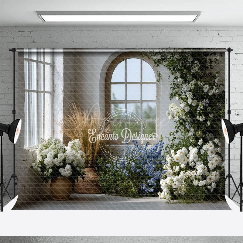 Aperturee - Aperturee Rustic Farmhouse Window Photography Backdrop White and Blue Floral Decor Spring Wedding Photo Background