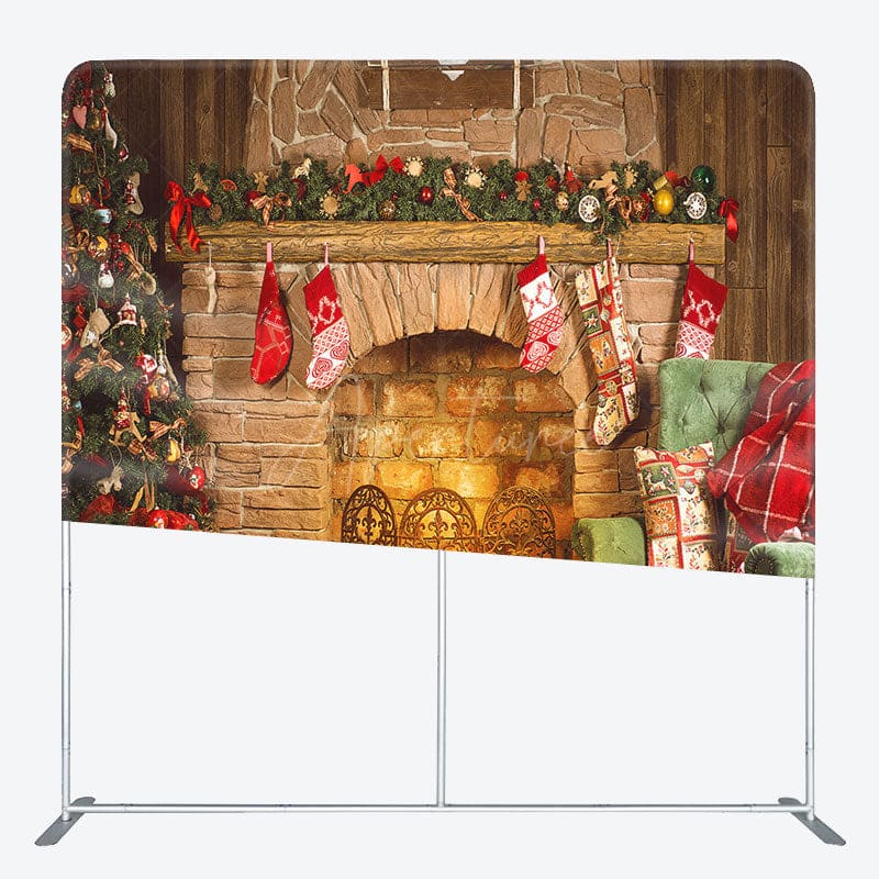 Aperturee - Aperturee Rustic Fireplace Christmas Tension Fabric Backdrop