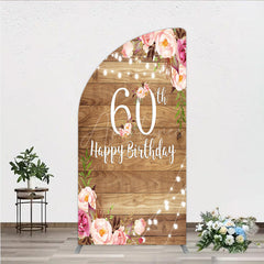 Aperturee - Aperturee Rustic Floral 60th Birthday Half Moon Arch Backdrop for Women Pink Peony on Wood Background String Lights Party Decor