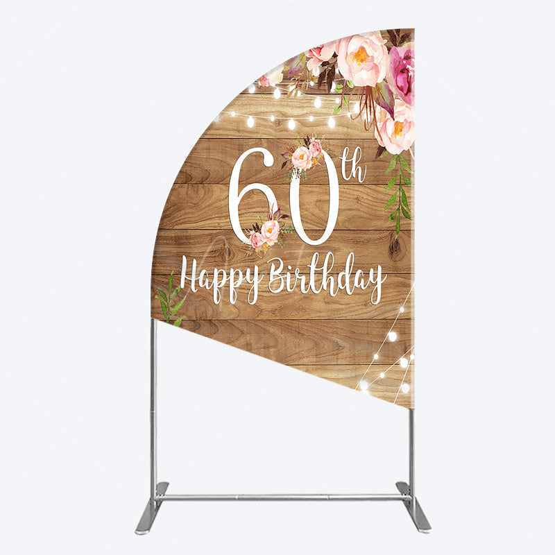 Aperturee - Aperturee Rustic Floral 60th Birthday Half Moon Arch Backdrop for Women Pink Peony on Wood Background String Lights Party Decor