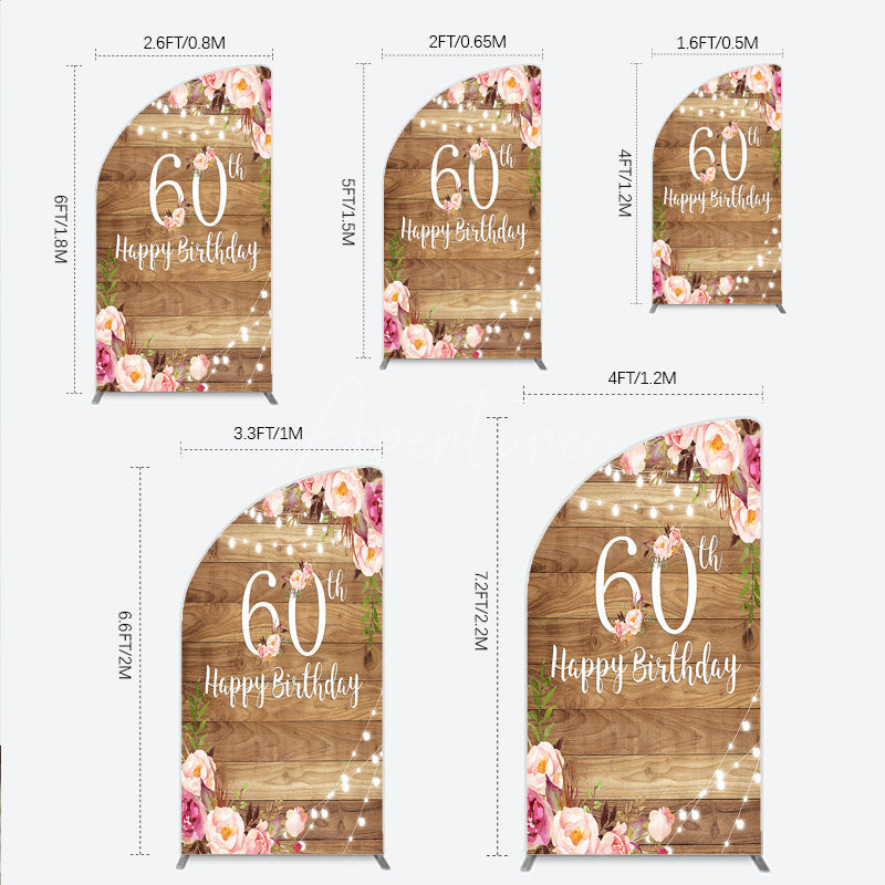 Aperturee - Aperturee Rustic Floral 60th Birthday Half Moon Arch Backdrop for Women Pink Peony on Wood Background String Lights Party Decor
