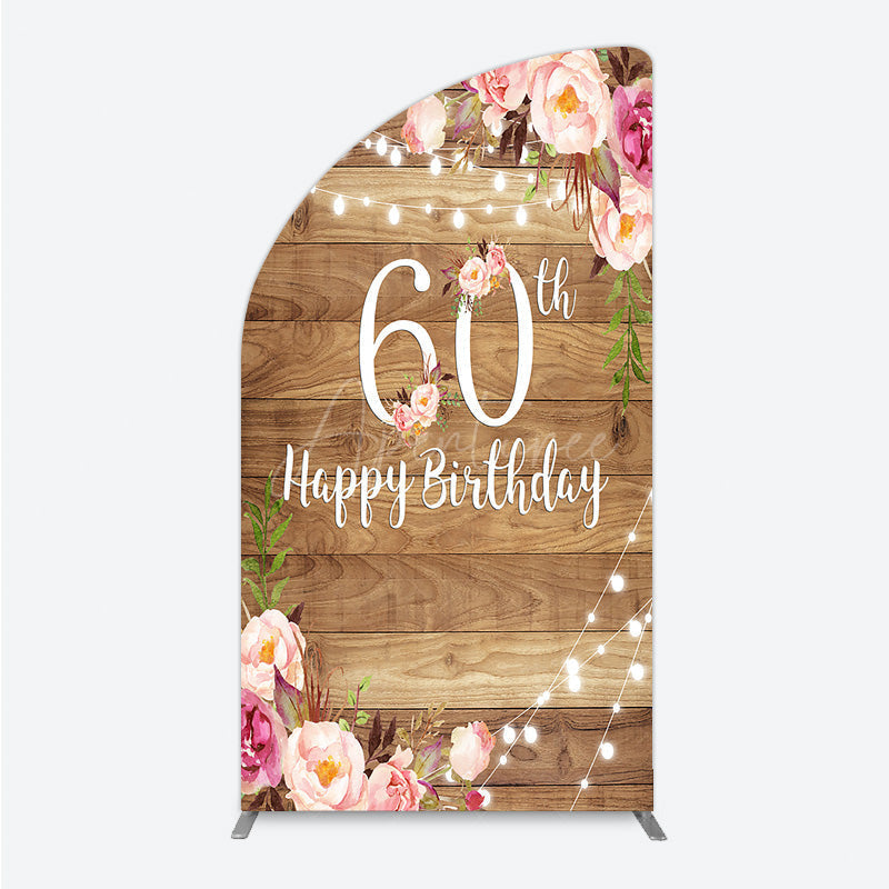 Aperturee - Aperturee Rustic Floral 60th Birthday Half Moon Arch Backdrop for Women Pink Peony on Wood Background String Lights Party Decor
