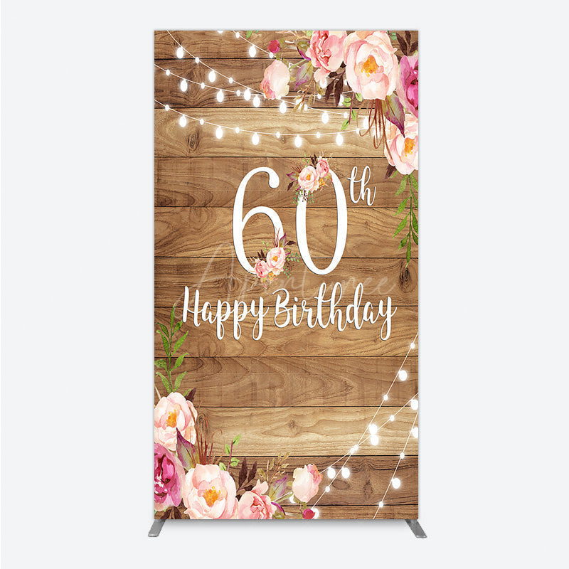 Aperturee - Aperturee Rustic Floral 60th Birthday Rectangle Backdrop for Women Pink Peony on Wood Background String Lights Party Decor