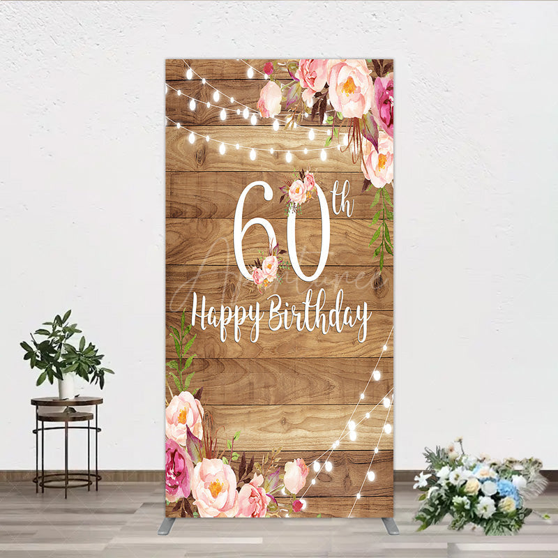 Aperturee - Aperturee Rustic Floral 60th Birthday Rectangle Backdrop for Women Pink Peony on Wood Background String Lights Party Decor