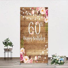 Aperturee - Aperturee Rustic Floral 60th Birthday Rectangle Backdrop for Women Pink Peony on Wood Background String Lights Party Decor