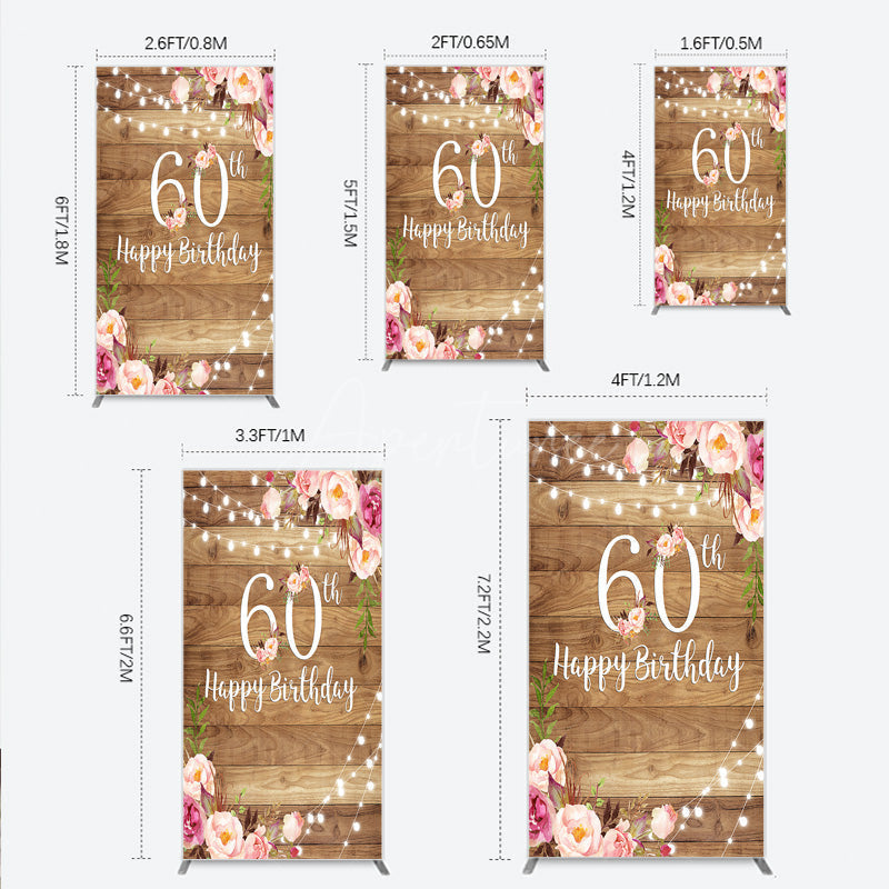 Aperturee - Aperturee Rustic Floral 60th Birthday Rectangle Backdrop for Women Pink Peony on Wood Background String Lights Party Decor