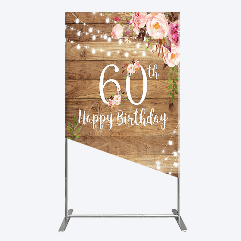 Aperturee - Aperturee Rustic Floral 60th Birthday Rectangle Backdrop for Women Pink Peony on Wood Background String Lights Party Decor