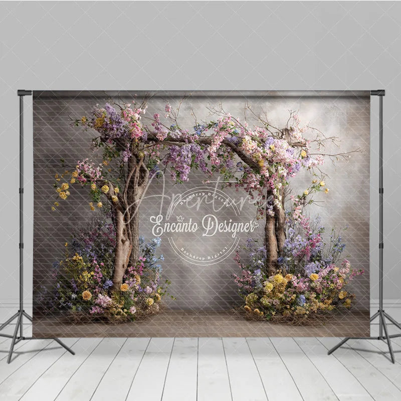 Aperturee - Aperturee Rustic Floral Arch Photography Backdrop Wooden Branches on Textured Wall Fine Art Painterly Photo Background