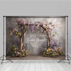 Aperturee - Aperturee Rustic Floral Arch Photography Backdrop Wooden Branches on Textured Wall Fine Art Painterly Photo Background