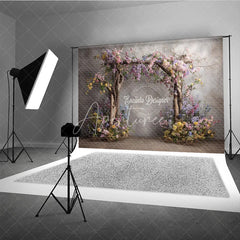 Aperturee - Aperturee Rustic Floral Arch Photography Backdrop Wooden Branches on Textured Wall Fine Art Painterly Photo Background