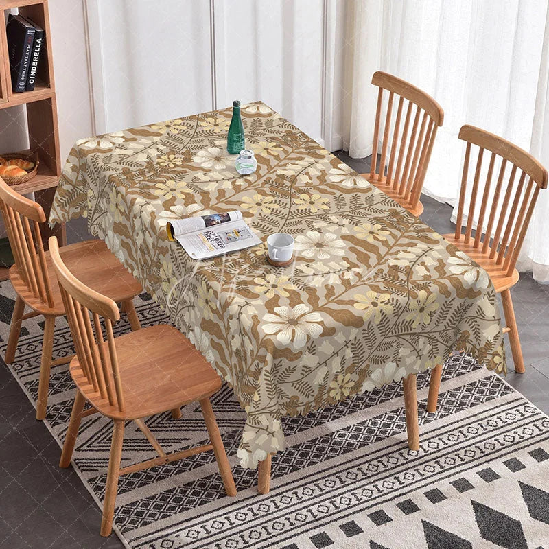 Aperturee - Aperturee Rustic Floral Rectangle Tablecloth Beige and Brown Botanical Print Elegant Farmhouse Kitchen Dining Decor