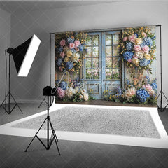 Aperturee - Aperturee Rustic Floral Wedding Backdrop Blue French Door with Garden View Pink Rose Hydrangea Photography Background
