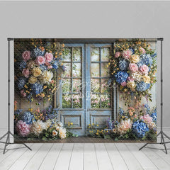 Aperturee - Aperturee Rustic Floral Wedding Backdrop Blue French Door with Garden View Pink Rose Hydrangea Photography Background