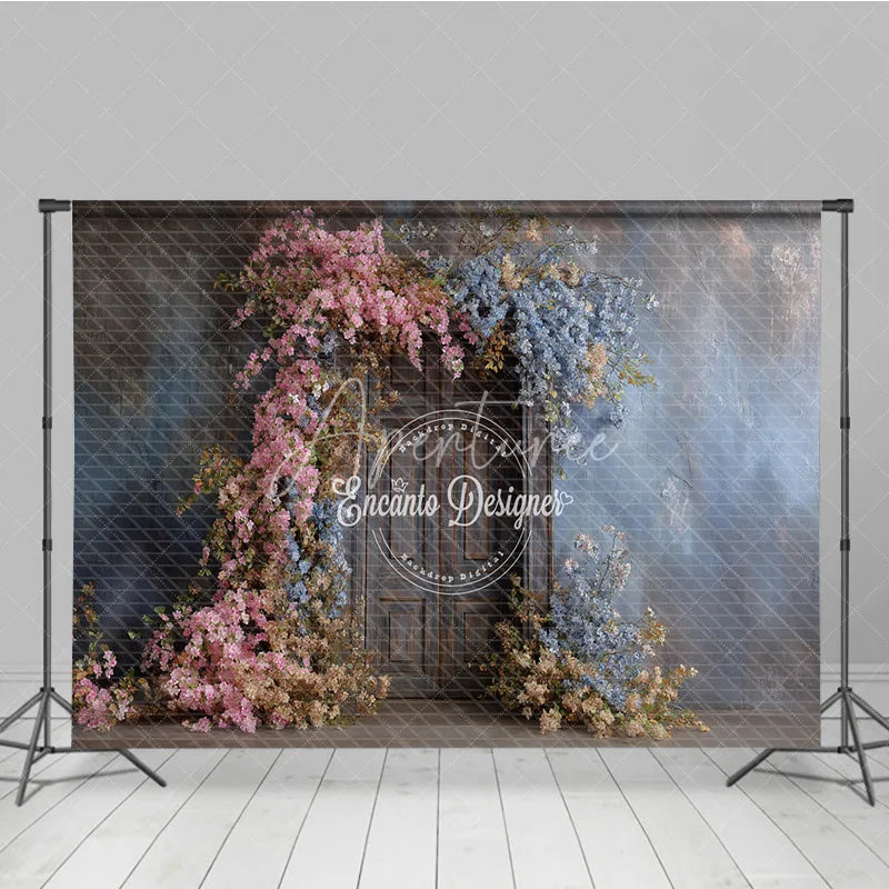 Aperturee - Aperturee Rustic Floral Wedding Backdrop Vintage Dark Wood Door Background Pink and Blue Blossoms Bridal Shower Photo Prop