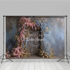 Aperturee - Aperturee Rustic Floral Wedding Backdrop Vintage Dark Wood Door Background Pink and Blue Blossoms Bridal Shower Photo Prop