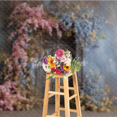 Aperturee - Aperturee Rustic Floral Wedding Backdrop Vintage Dark Wood Door Background Pink and Blue Blossoms Bridal Shower Photo Prop