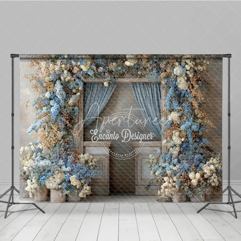 Aperturee - Aperturee Rustic Floral Wedding Backdrop Vintage Door with Blue Curtains Blue and White Hydrangea Photography Prop