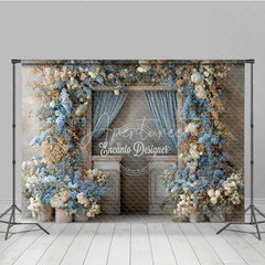 Aperturee - Aperturee Rustic Floral Wedding Backdrop Vintage Door with Blue Curtains Blue and White Hydrangea Photography Prop
