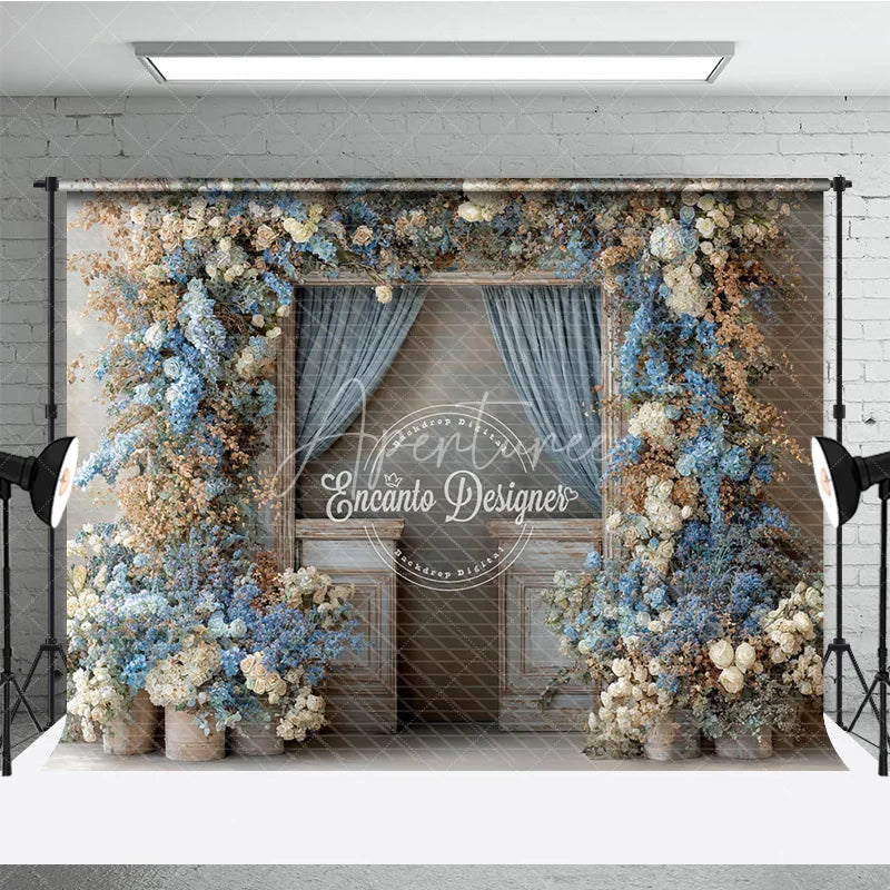 Aperturee - Aperturee Rustic Floral Wedding Backdrop Vintage Door with Blue Curtains Blue and White Hydrangea Photography Prop