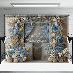 Aperturee - Aperturee Rustic Floral Wedding Backdrop Vintage Door with Blue Curtains Blue and White Hydrangea Photography Prop