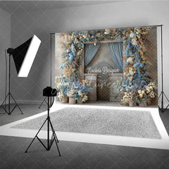 Aperturee - Aperturee Rustic Floral Wedding Backdrop Vintage Door with Blue Curtains Blue and White Hydrangea Photography Prop