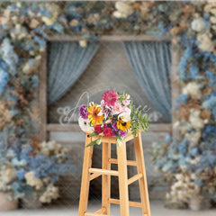 Aperturee - Aperturee Rustic Floral Wedding Backdrop Vintage Door with Blue Curtains Blue and White Hydrangea Photography Prop