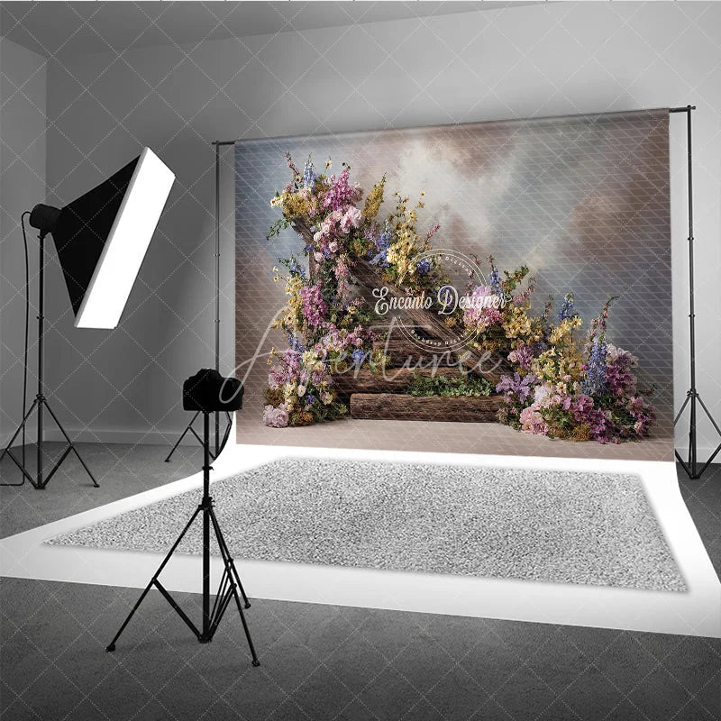 Aperturee - Aperturee Rustic Floral Woodland Backdrop Wooden Steps with Flowers Background Enchanted Forest Wedding Photo Props