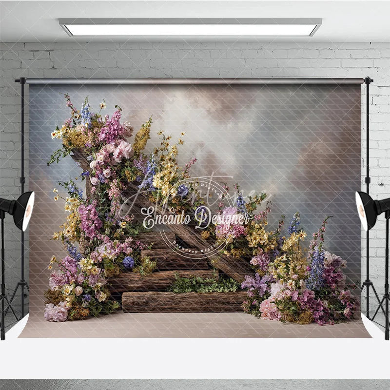 Aperturee - Aperturee Rustic Floral Woodland Backdrop Wooden Steps with Flowers Background Enchanted Forest Wedding Photo Props