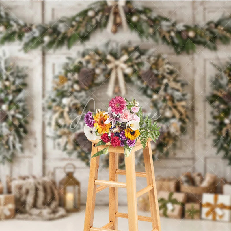 Aperturee - Aperturee Rustic Frosted Christmas Wreath and Garland Holiday Backdrop Elegant Winter Scene with Wrapped Gifts