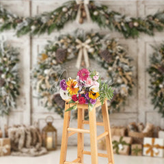 Aperturee - Aperturee Rustic Frosted Christmas Wreath and Garland Holiday Backdrop Elegant Winter Scene with Wrapped Gifts