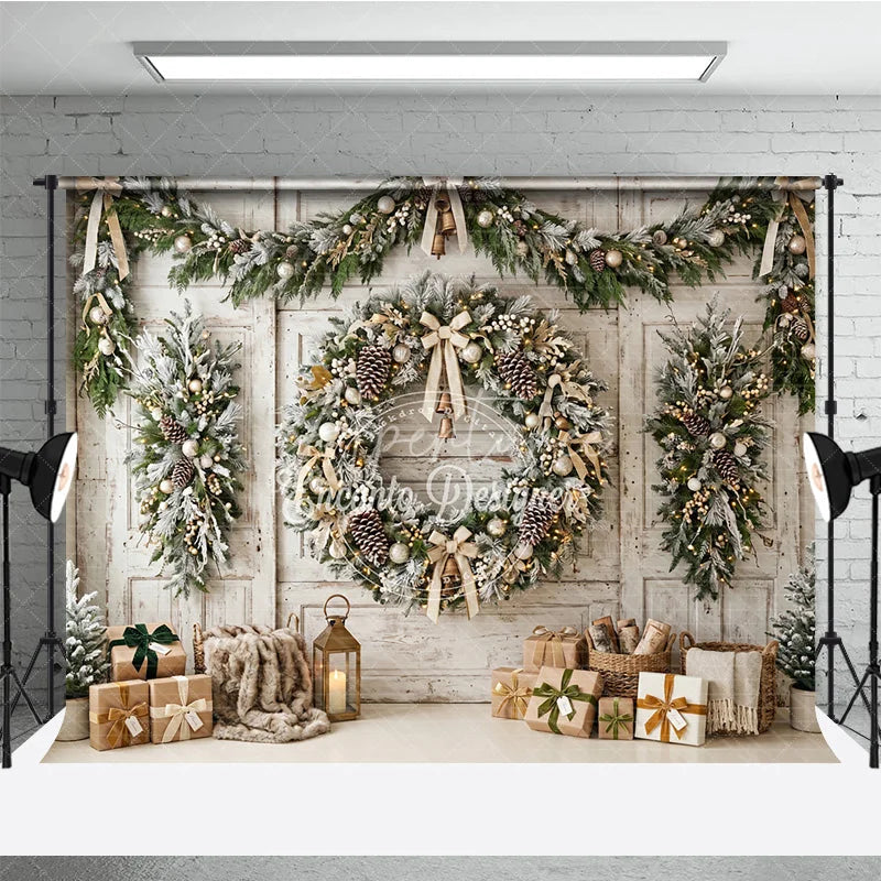 Aperturee - Aperturee Rustic Frosted Christmas Wreath and Garland Holiday Backdrop Elegant Winter Scene with Wrapped Gifts