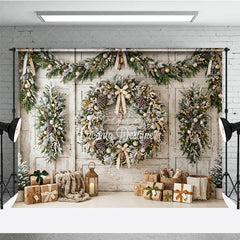 Aperturee - Aperturee Rustic Frosted Christmas Wreath and Garland Holiday Backdrop Elegant Winter Scene with Wrapped Gifts