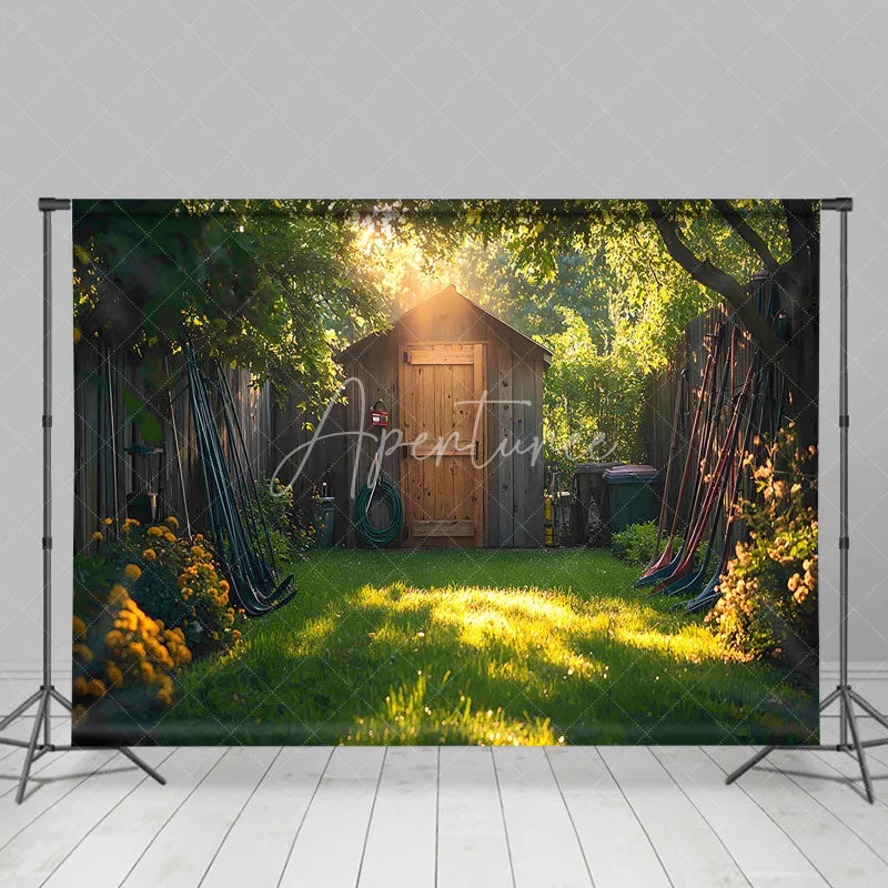 Aperturee - Aperturee Rustic Garden Shed Backdrop Wooden Tool House in Sunny Yard Spring Summer Nature Photography Background