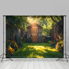 Aperturee - Aperturee Rustic Garden Shed Backdrop Wooden Tool House in Sunny Yard Spring Summer Nature Photography Background