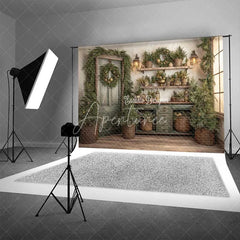 Aperturee - Aperturee Rustic Green Door Christmas Backdrop Vintage Potting Shed Shelf Photography Background