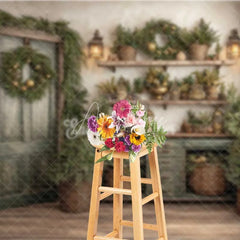 Aperturee - Aperturee Rustic Green Door Christmas Backdrop Vintage Potting Shed Shelf Photography Background
