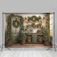 Aperturee - Aperturee Rustic Green Door Christmas Backdrop Vintage Potting Shed Shelf Photography Background