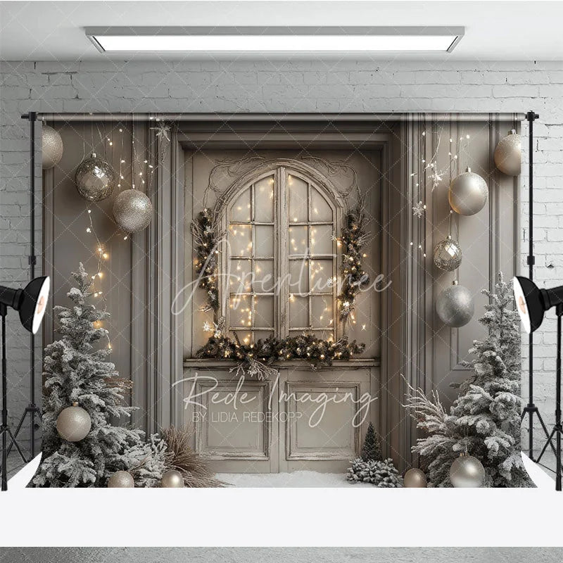 Aperturee - Aperturee Rustic Grey Door Christmas Photography Backdrop Flocked Trees and Snow Neutral Holiday Mini Session Background