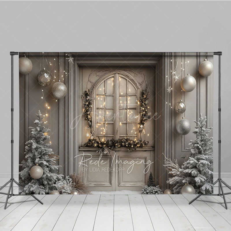 Aperturee - Aperturee Rustic Grey Door Christmas Photography Backdrop Flocked Trees and Snow Neutral Holiday Mini Session Background