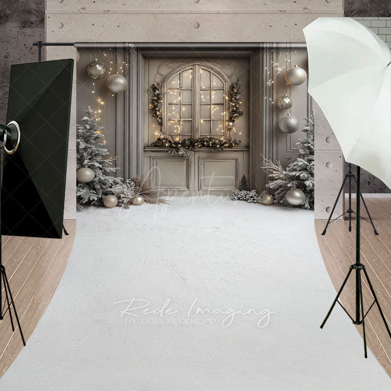 Aperturee - Aperturee Rustic Grey Door Christmas Sweep Backdrop Flocked Trees and Snow Neutral Holiday Mini Session Floor Drop