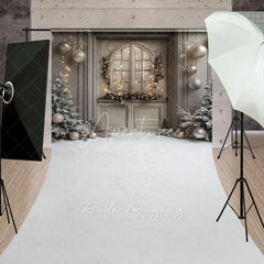 Aperturee - Aperturee Rustic Grey Door Christmas Sweep Backdrop Flocked Trees and Snow Neutral Holiday Mini Session Floor Drop