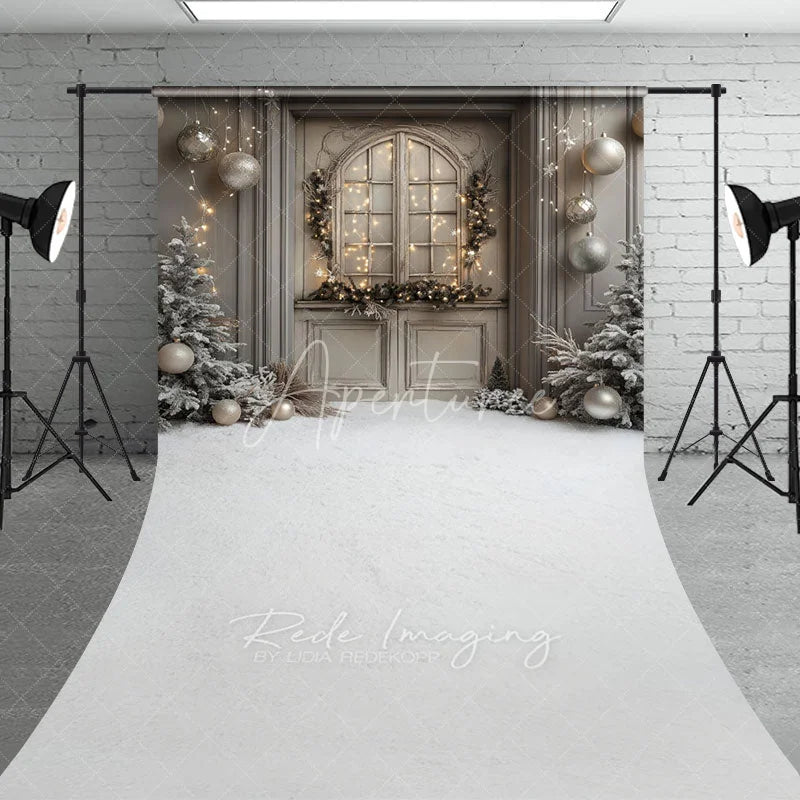 Aperturee - Aperturee Rustic Grey Door Christmas Sweep Backdrop Flocked Trees and Snow Neutral Holiday Mini Session Floor Drop