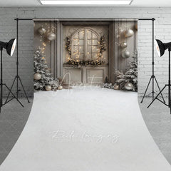 Aperturee - Aperturee Rustic Grey Door Christmas Sweep Backdrop Flocked Trees and Snow Neutral Holiday Mini Session Floor Drop