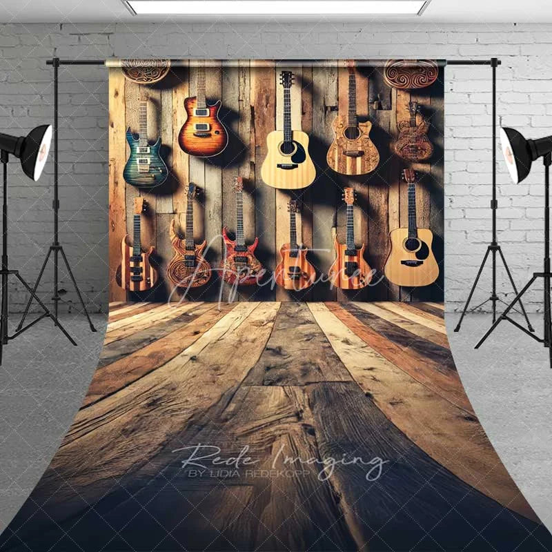 Aperturee - Aperturee Rustic Guitar Collection Wall Sweep Photography Backdrop Musical Instrument Rock Band Wood Floor Photo Prop
