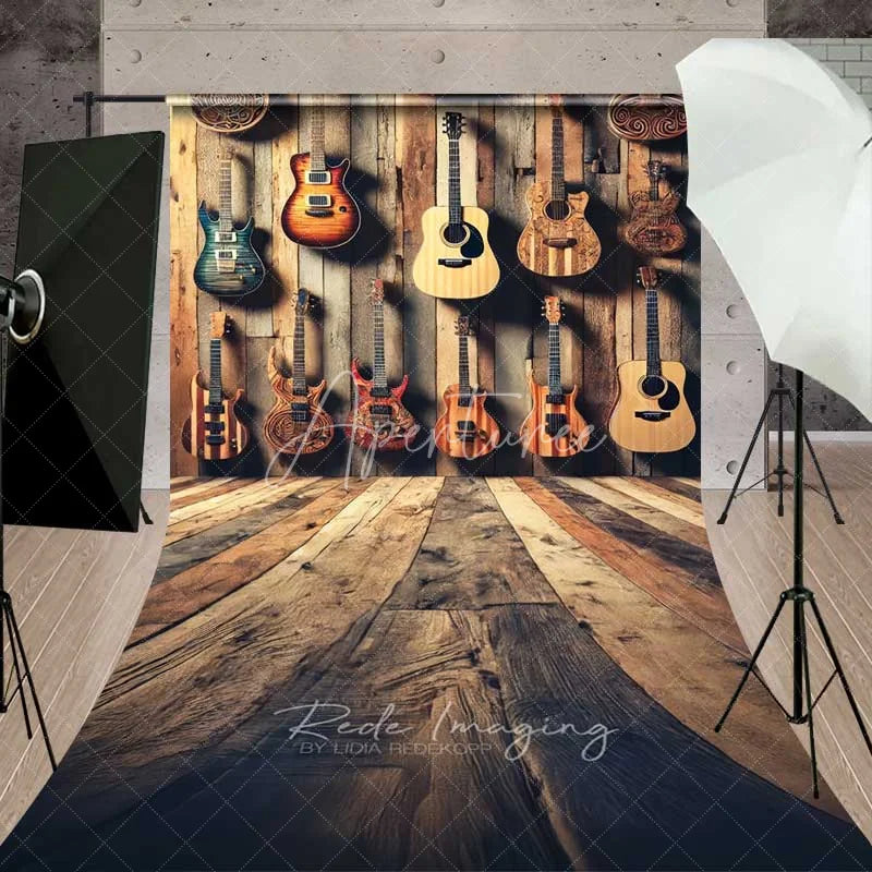 Aperturee - Aperturee Rustic Guitar Collection Wall Sweep Photography Backdrop Musical Instrument Rock Band Wood Floor Photo Prop